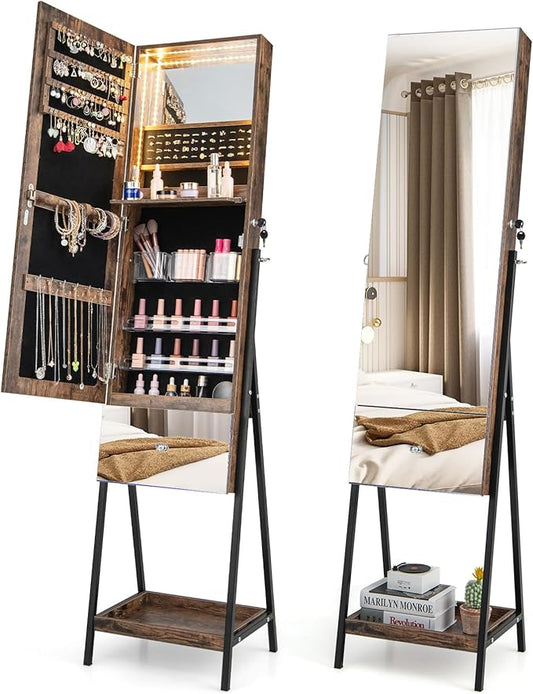 CHARMAID Jewelry Cabinet Armoire with Full Length Mirror, 3-Color Light Strips, Mirrored Tilt out Drawer, Lockable Standing Jewelry Organizer with Storage Shelves, Metal Stand (Rustic Brown)