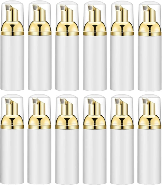 Lil Ray 2 Oz Empty White Foam Pump Bottle, Foamer Soap Dispenser for Lash Shampoo, Hand Soap, Foaming Cleaner(Gold Pump, 12 PCS)