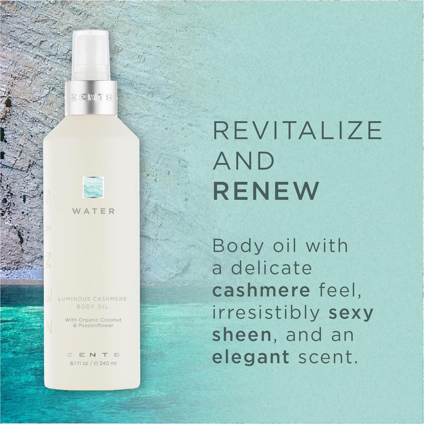Zents Luminous Cashmere Body Oil (Water Fragrance) | Moisturizing Body Oil with Vitamin E & Organic Coconut Oil | Softens & Smooths Skin | 8 fl oz