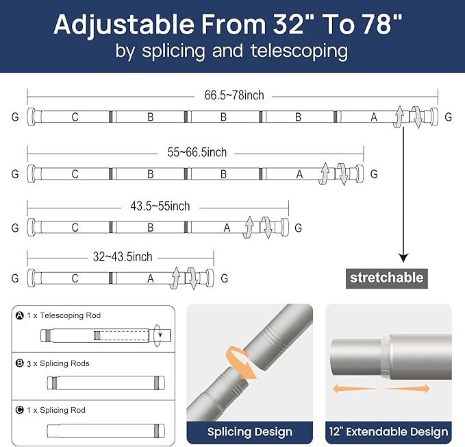 ENJOYBASICS 2 Pack Adjustable Spring Tension Curtain Rods 32 to 78 Inches, Stainless Steel Nickel Shower Rod No Drilling for Window, Bathroom, Closet, Room Divider, 7/8" Diameter
