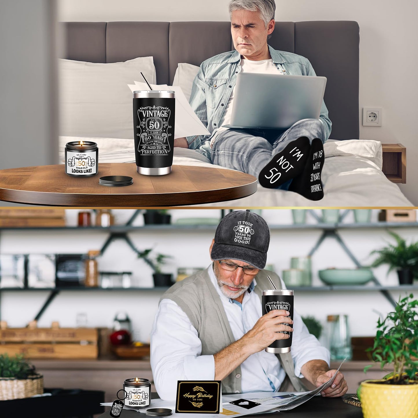 JTAMOHI 50th Birthday Gifts for Men - Unique Box with 20 Oz Tumbler, Scented Candle, Socks, Baseball Cap for Husband, Dad, Grandpa, Friends, Teachers, Boss