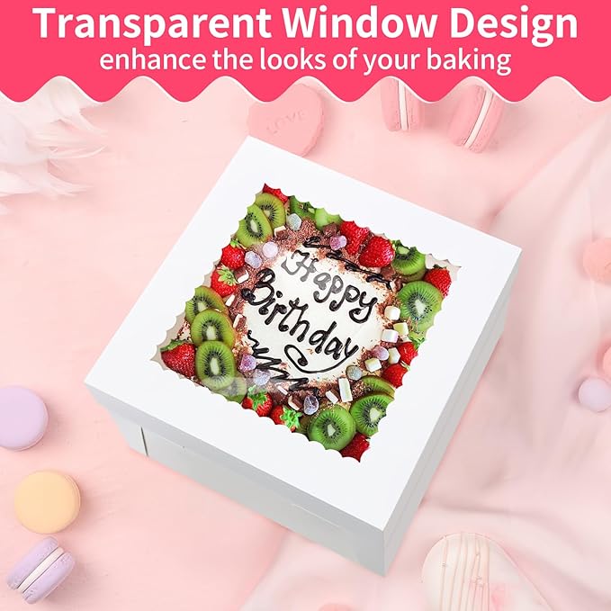 WINKIO 10x10x8 Inch Cake Box, 4 Pack White Cake Boxes with Window, Disposable Bakery Boxes 10 Inch for Cake Cookies Pies Cupcakes Pastry