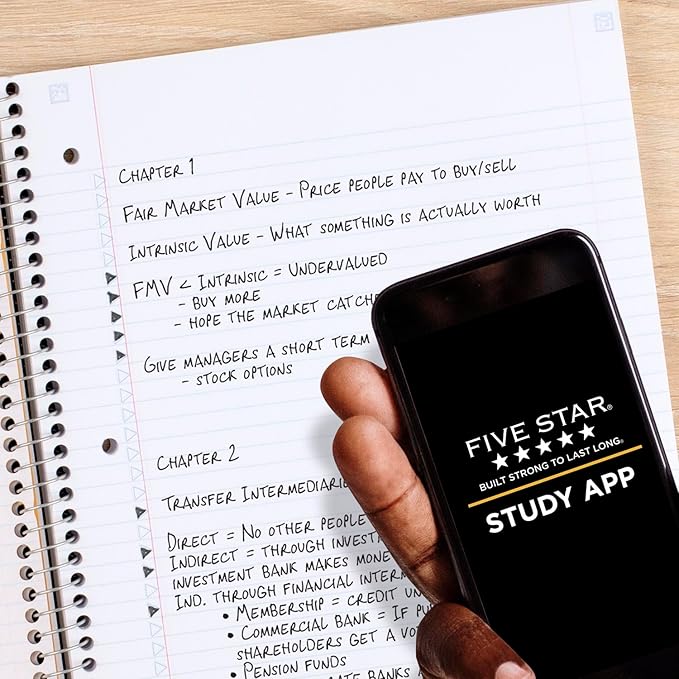Five Star Spiral Notebook + Study App,5 Subject,College Ruled Paper,8-1/2" x 11",200 Sheets,Fights Ink Bleed,Water Resistant Cover,Black (72081),(Pack of 6)