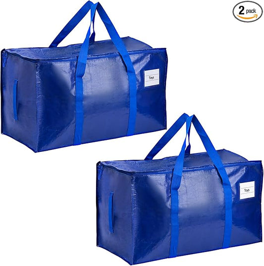 2-Pack Blue Extra Large Moving Bags, Heavy Duty Storage Bags with Lids, Reinforced Handles and Zippers, Organizing Bags for Dorm Packing, Clothes Storage, Toy, Camping, College Supplies