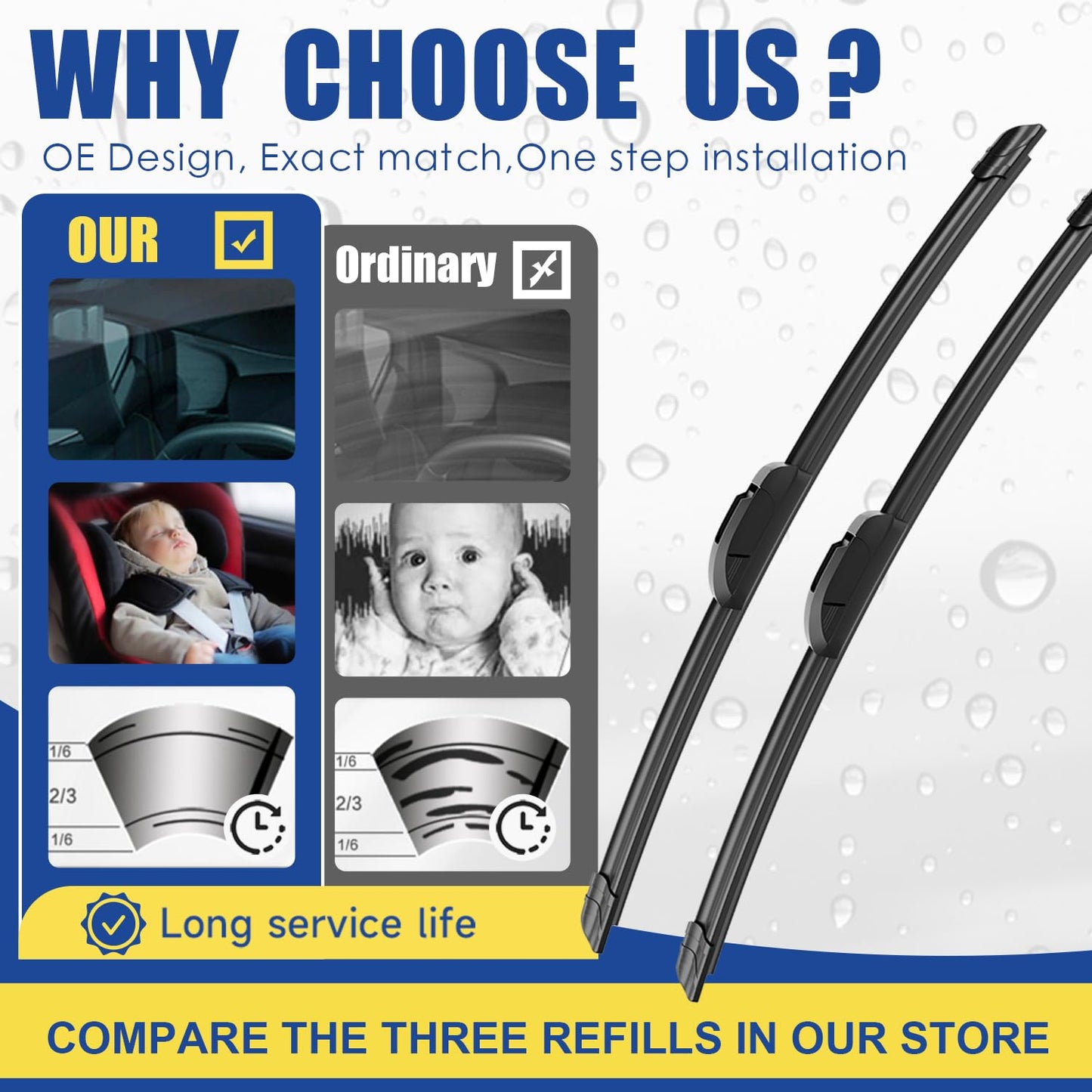 3 wipers Replacement for 2004 2005 2006 2007 2008 2009 Toyota Prius -Original Equipment Windshield Wiper Blades Set 26"+18"+16" (Set of 3) U/J HOOK