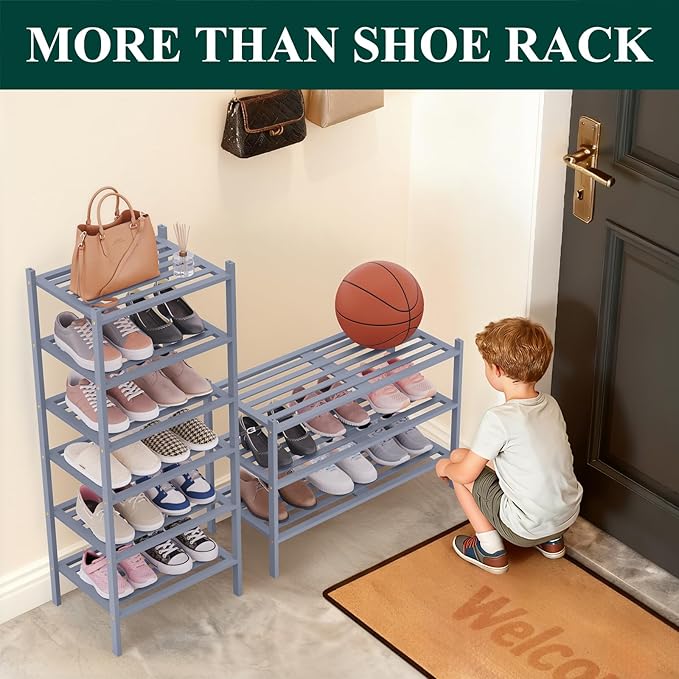Smiry Bamboo Shoe Rack 2-Tier, Stackable Wooden Shoe Organizer for Entryway & Closet, Free Standing Wood Shoe Storage Shelf for Front Door & Small Spaces, Grey