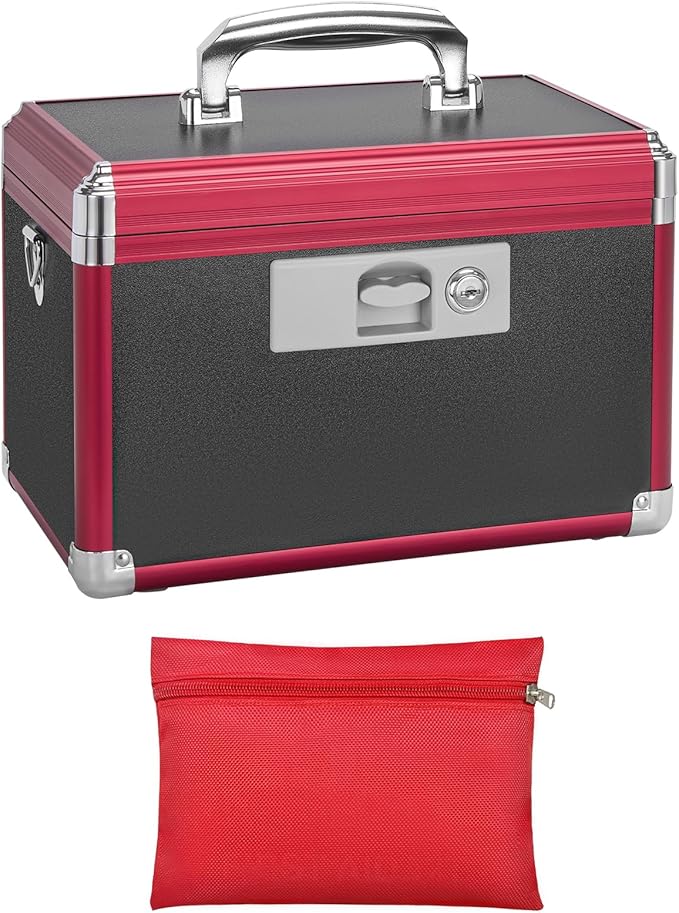Secure Medicine Lock Box with Key, Childproof Metal Medication Storage Organizer for Home & Travel, Layered Aluminum First Aid Box, Portable & Durable â 13.4" x 7.6" x 8.2" Black & Red