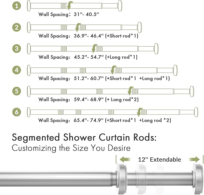 AmazerBath Spring Tension Shower Curtain Rod, 31-75 Inches Heavy Duty Tension Rod Rust Proof Bathroom Curtain Rod, Adjustable No Drill Easy Segmented Installation, Silver