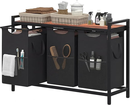 Heybly Laundry Hampers, 3 Ã 15 Gal (171 L) Laundry Basket with Large Desktop Sorter for Laundry Room organization, Bathroom and Dorm Laundry Bags on Storage Shelf, Walnut HLH003WB