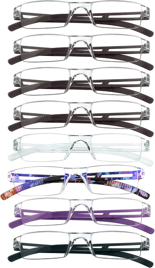 VisionGlobal 8 Pairs Reading Glasses, Blue Light Blocking Glasses, Computer Reading Glasses for Women and Men, Fashion Square Eyewear Frame (4color+4brown,+3.00 Magnification)