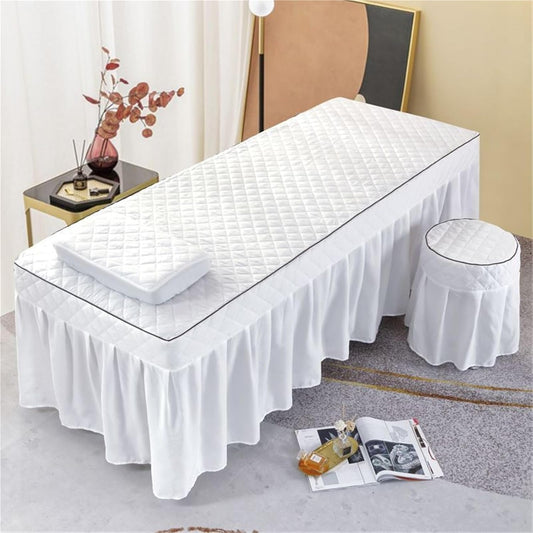 Massage Table Bed Skirt Reusable Massage Bed Cover with Face Hole Skin-Friendly Solid Color Beauty Massage Table Skirt with Pocket for Salons SPA and Therapists (White,74.8x31.5 Inch)