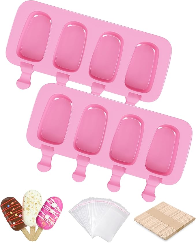 Ouddy Life Popsicle Molds Set of 2, Ice Pop Molds Silicone 4 Cavities Ice Cream Mold Oval Cake Pop Mold with 50 Wooden Sticks for DIY Popsicle, Pink