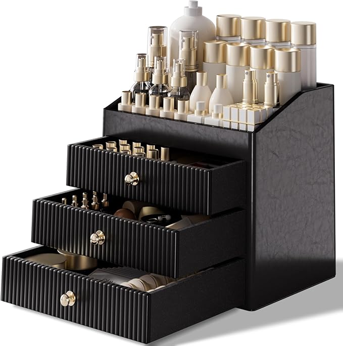 Cosmetic Organizer,Luxury Make up Organizer with 3 shelf Drawers,Black Large Capacity Makeup Organizers for Skincare,Brushes, Dresser,Bedroom,Bathroom,Gifts for Her,Birthday Gifts for Mom