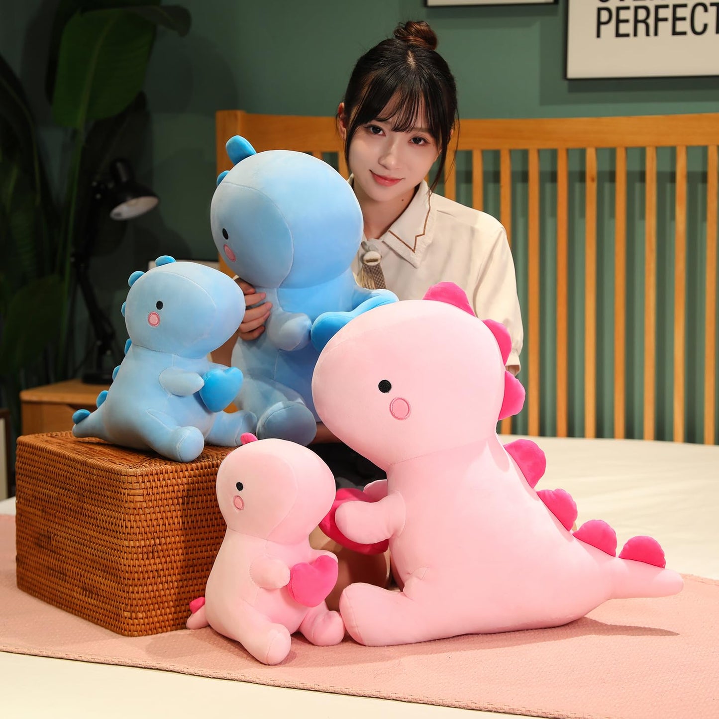 SQEQE Dinosaur Stuffed Animal, Loving Soft Dino Plush Toys with Holding Heart, Sweet Romantic Anniversary Birthday Gift for Her Girls Boys Girlfriend(Pink,12 inch)