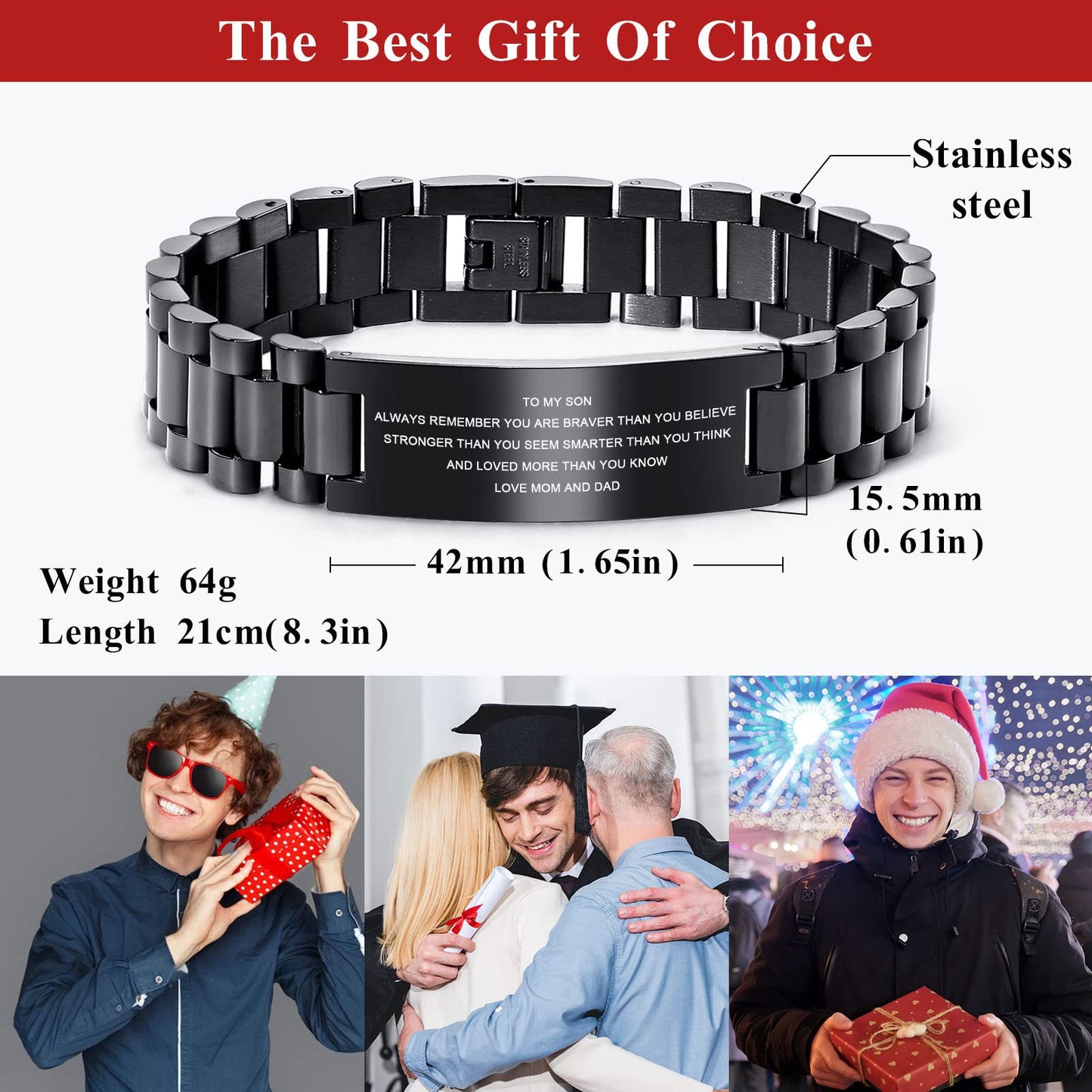 MEALGUET Stainless Steel to My Son Love Dad and Mom Courage Inspirational Wristband Link Bracelets, Graduation Birthday Gifts to Son