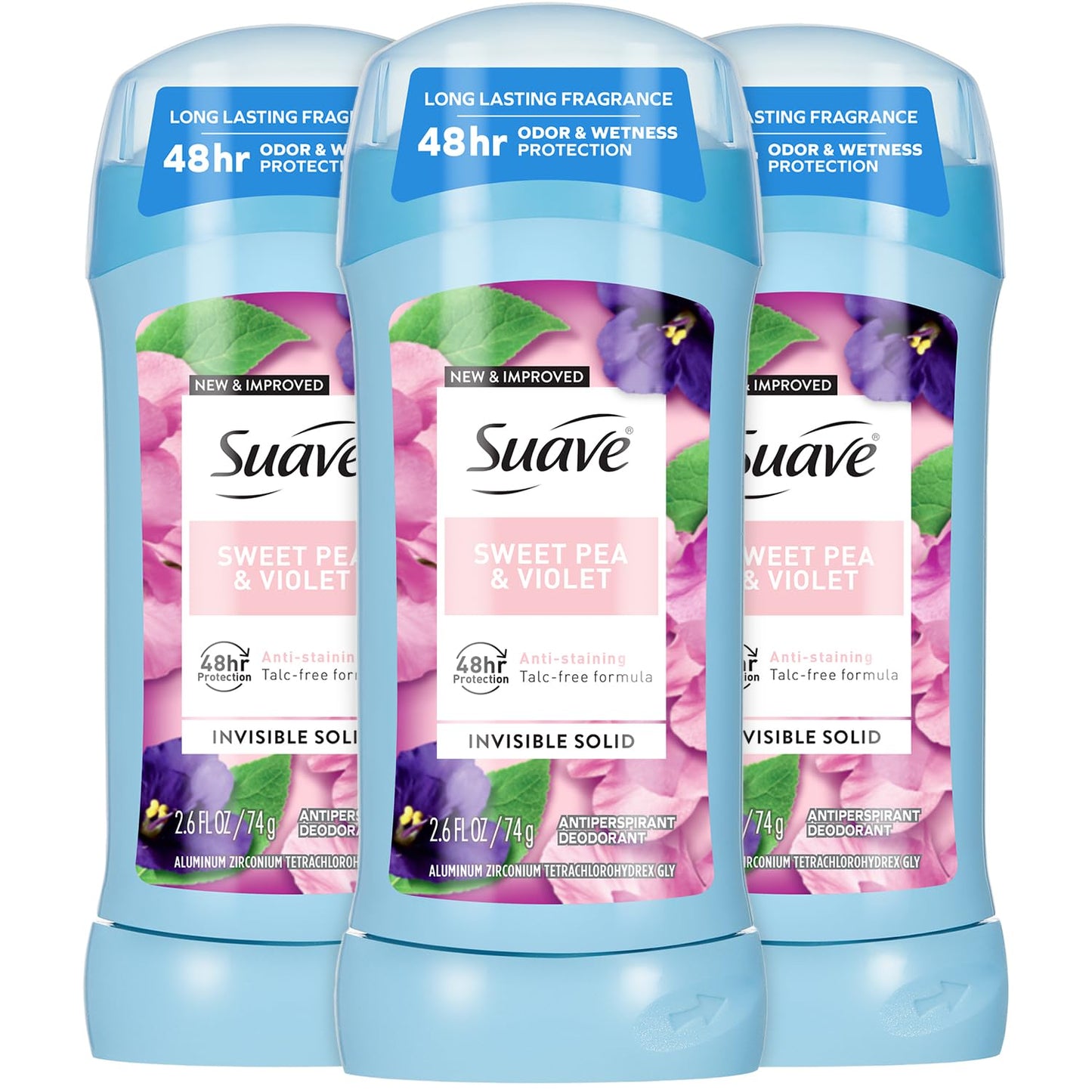 Suave Antiperspirant Deodorant for Women, Sweet Pea & Violet 3-Pack â Anti-Staining Invisible Solid Sticks, Talc-Free, 2.6 Oz Ea