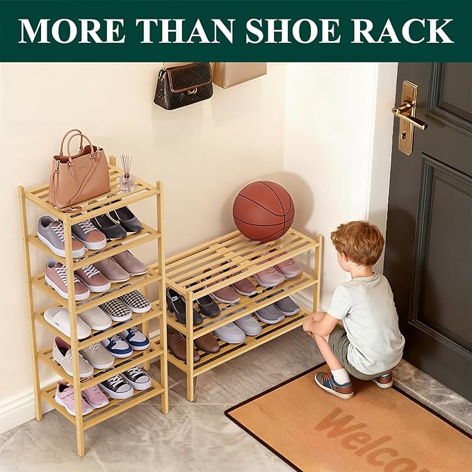 Smiry Long Bamboo Shoe Rack 5-Tier, Stackable Wooden Shoe Organizer for Entryway & Closet, Free Standing Wood Shoe Storage Shelf for Front Door & Small Spaces, Natural