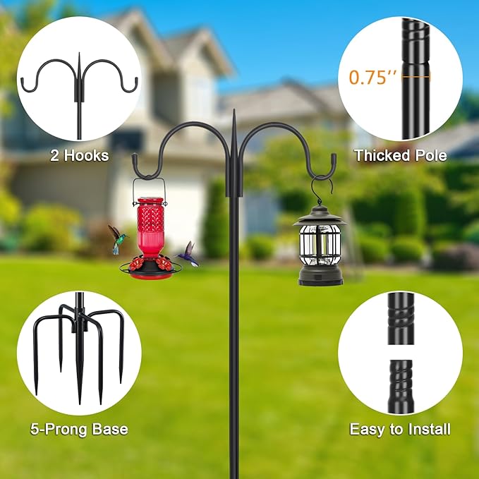 FEED GARDEN Heavy Duty Shepherds Hook 2 Pack 76" Double Hooks Adjustable (44/60/76") - Metal 5-Prong Base, 17lb Capacity - Easy Assembly Bird Feeder Pole for Hanging Planters, Lanterns, Wind Chimes
