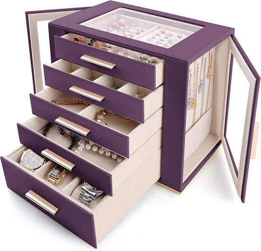 Homeanda Jewelry Box for Women with Glass Lid, 5 Drawers Jewelry Organizer and Storage for Necklaces, Rings, Earrings, Bracelets, Gift for Girls and Teens,PU Leather (Purple)