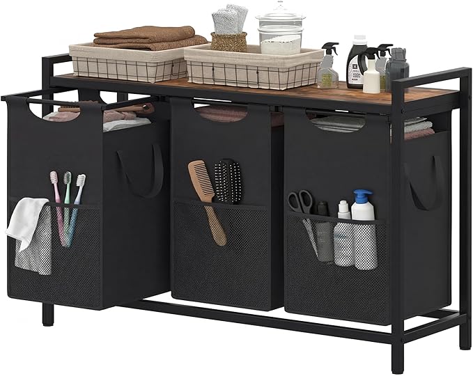 Heybly Laundry Hampers, 3 Ã 15 Gal (171 L) Laundry Basket with Large Desktop Sorter for Laundry Room Organization, Bathroom and Dorm Laundry Bags on Storage Shelf, Rustic Brown HLH003SR
