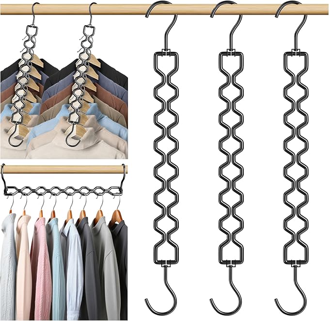 3 Pack Space Saving Hangers for Clothes, Heavy Duty 30Lbs Capacity Magic Clothes Space Saver Sturdy Metal Hanger Organizer with 360Â° Swivel Hook, Closet Organizers Storage Dorm Essentials Black
