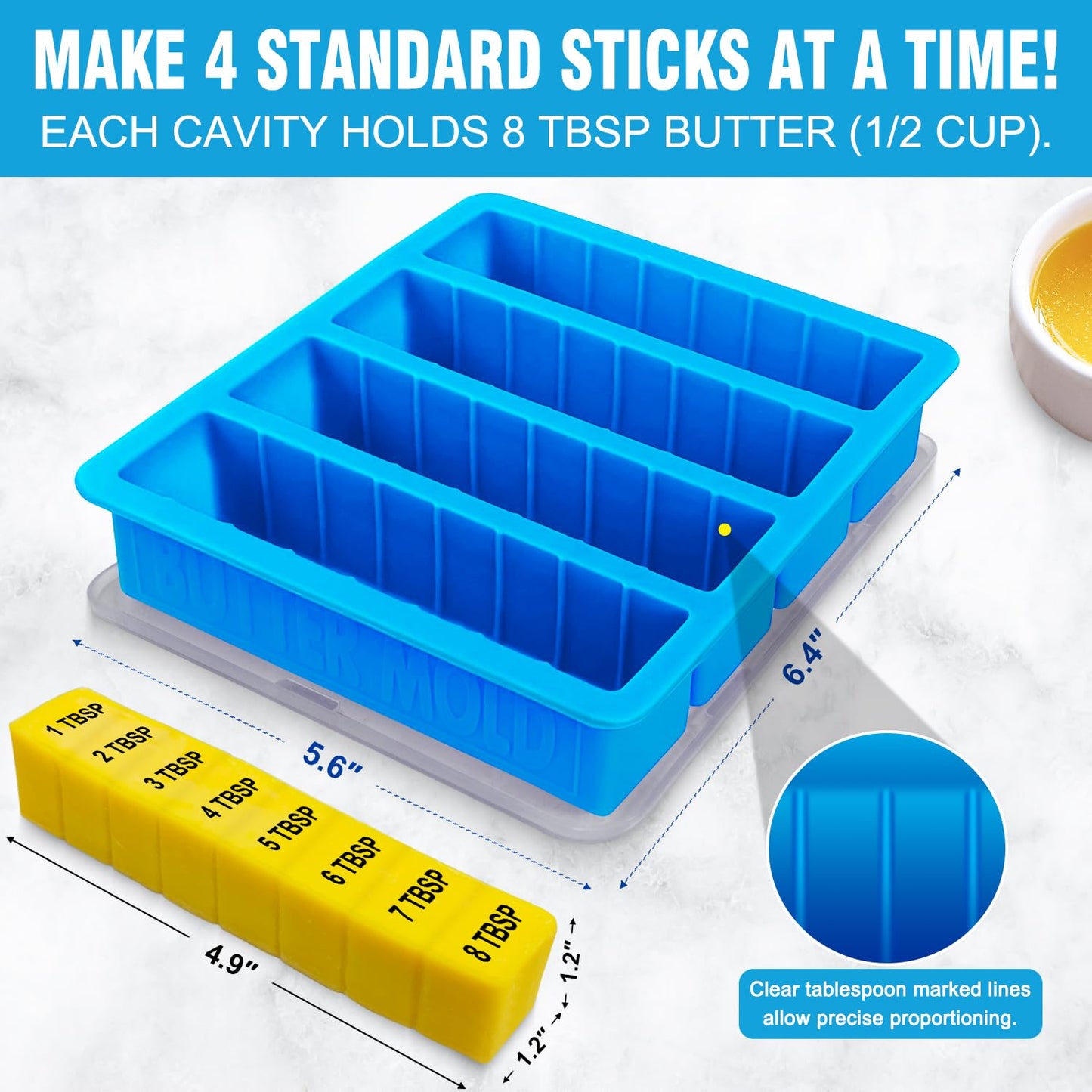 Silicone Butter Mold with Lid, Walfos Non-Stick Tray Fits Standard Butter Stick Size, Large Cavity, Holds 8 Tablespoons, Ideal For Soap Bar, Energy Bar, Cake, 2 Pack