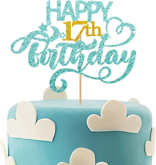 Sky Blue Glitter Happy 17th Birthday Cake Topper, Seventeen Years Old Birthday Party Cake Decor, Gold Number 17 Birthday Party Supplies Decorations for Teen Girl or Teen Boy