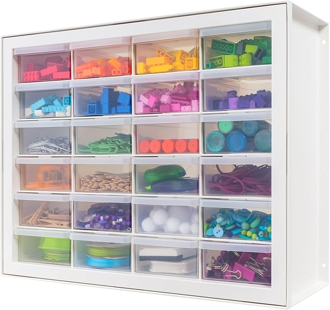 IRIS USA Plastic Storage Drawers, Made in USA, 24-Drawer Small Parts Organizer Cabinet, Stackable Teacher Toolbox for Crafts, Beads, Hardware, Screws, Nuts & Bolts, Scrapbook Supplies â White