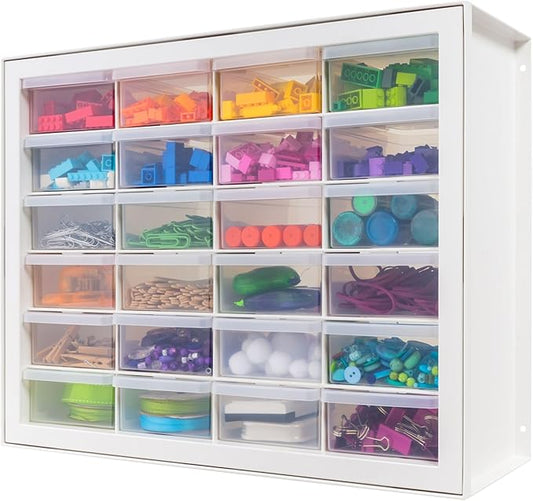 IRIS USA Plastic Storage Drawers, Made in USA, 24-Drawer Small Parts Organizer Cabinet, Stackable Teacher Toolbox for Crafts, Beads, Hardware, Screws, Nuts & Bolts, Scrapbook Supplies â White