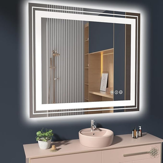 LED Bathroom Mirror, 40"X36" with Front and Backlit, Anti-Fog, Bathroom Vanity Mirror for Wall, Memory Function, Stepless Dimmable, Tempered Glass (Horizontal/Vertical)
