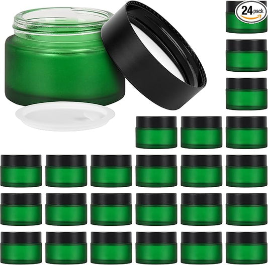 1 oz Glass Jars with Lids, Empty Cosmetic Jars, Airtight Containers with Inner Seal for Creams, Balms, Ointments, DIY Crafts, Salves (24 Pack, Green Frosted)