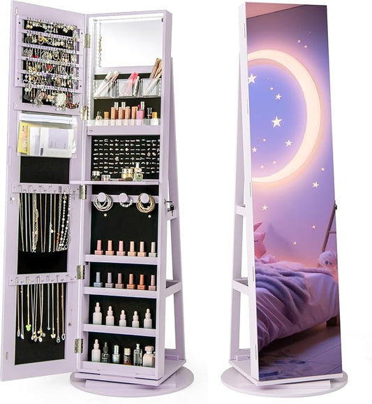 CHARMAID 360Â° Swivel Jewelry Armoire with Full Length Mirror, Rear Storage Shelves, Lockable Standing Jewelry Cabinet Organizer with Interior Vanity Mirror and 3-Color Lights (Lavender)