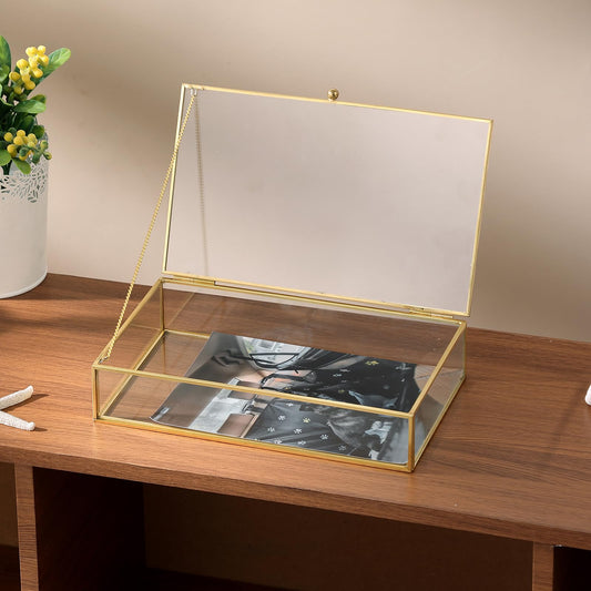 AMGSH Golden Vintage Glass Keepsake Box | Trinket Box 5 x 7 Photo Cards Shadow Lidded Box Decorative Glass Box,Clear Rectangle Box Rings Bracelet Earring Jewelry Storage (8.66 x 5.12 x 1.81)