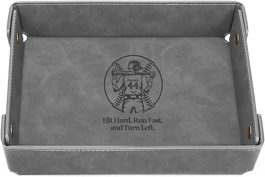 Engraved Baseball Valet Tray âPersonalized Leather Catchall with Custom Name âMenâs Nightstand Organizer for Keys, Wallet, Jewelry, and Essentials â Unique Baseball Fan Gift for Home or Office - Grey