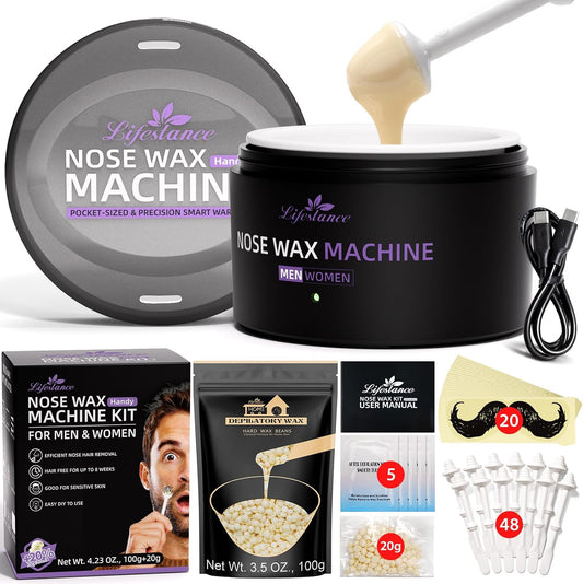 Lifestance Nose Hair Wax Kit - 120g Mini Wax Kit with USB C - Fast Heating for Men & Women, Smart Temp Control, 48 Sticks, Painless Ear Hair Removal, Compact Mini Wax Pot, Travel, Multi-Accessories