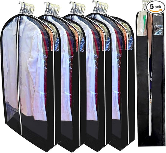 Suit Bags for Closet Storage with 6.3" Gusset, 40" Garment Bags for Hanging Clothes, Clear Side Zipper Suits Dust Proof Covers for Jacket, Coat, Sweater, Shirts, 5 Packs