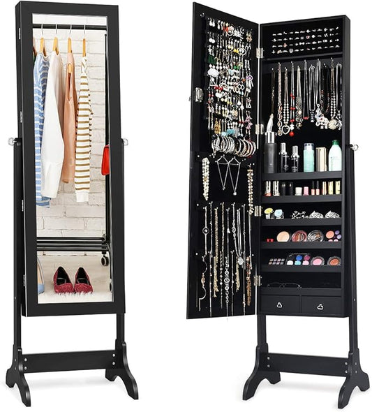 Giantex Lockable Standing Jewelry Armoire with Full Length Mirror, Large Storage Capacity Jewelry Cabinet Organizer with 2 Drawers, 4 Angle Adjustable, Extra Wide Mirror for Women Girls (Black)