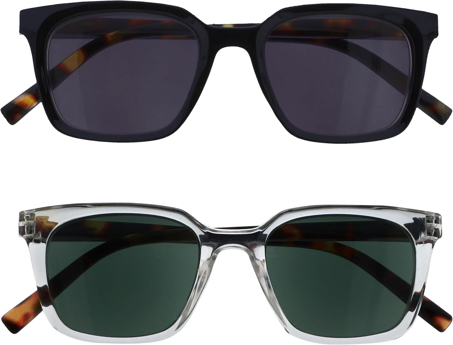 OPULIZE KOI Reading Sunglasses for Women Men,Scratch Resistant Large Rectangular frame with Spring Hinges Tinted lens UV400, Black, Clear +2.5 (Pack of 2)