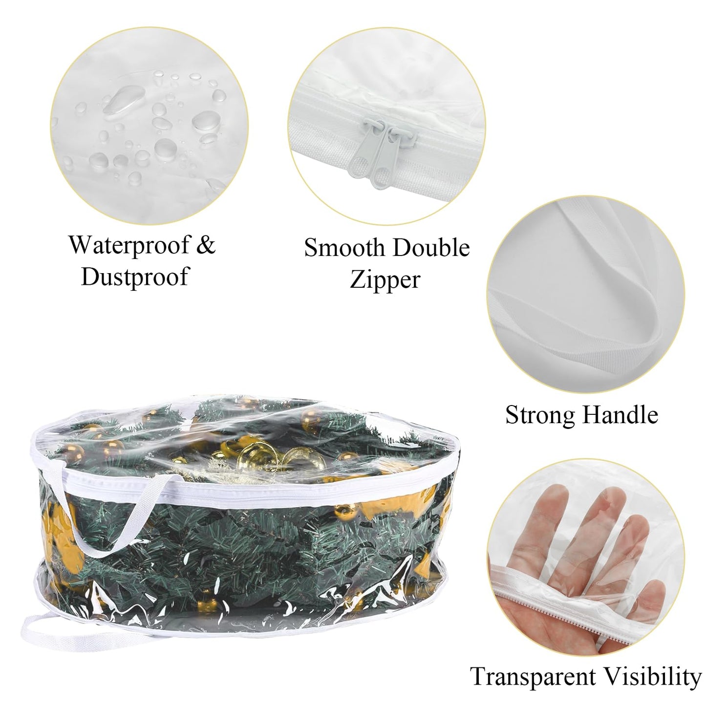 4 PCS Clear Wreath Storage Bag, 24x8 Inch Christmas Wreath Storage Container, Heavy Duty PVC Wreath Protector with Handle for Xmas Holiday Seasonal Wreath Garland (White)