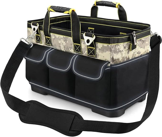 15 Inch Open Top Tool Tote Bag with Hard Bottom, Waterproof Electrician Tool Tote, Wide Mouth Tool Organizer with 15 Pockets, Heavy Duty Molded Base, Reflective Tool Bag for Men