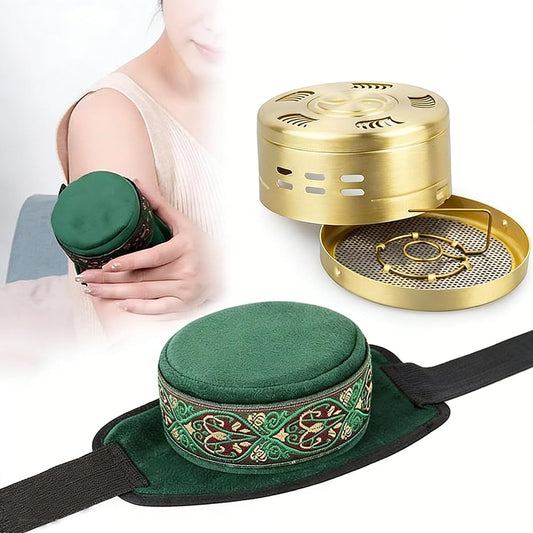Smokeless Copper Moxa Box, Copper Tank Moxibustion Treatment Tool, Ai Jiu Bag with Box for Neck Shoulder Back for Remove Dampness, 艾灸包 艾灸盒 艾灸 (Green)