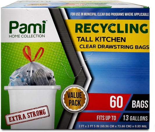 PAMI Recycling Tall Kitchen Drawstring Trash Bags- Extra-Strong Plastic Garbage Bags- Thick Trash Can Liners For Kitchen & Outdoor Bins- 2ft x2ft Unscented Trash Bags (13 Gallon – 60 Count – Clear)