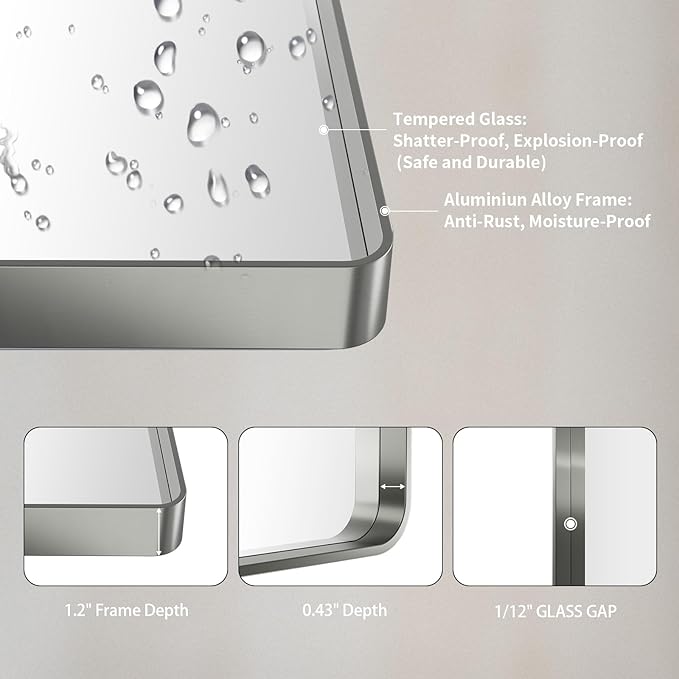 LOAAO 28X36 Inch Brushed Nickel Bathroom Mirror, Rounded Rectangle Silver Metal Frame Mirror, Brushed Nickel, Anti-Rust, Shatter Proof, Hangs Horizontally or Vertically