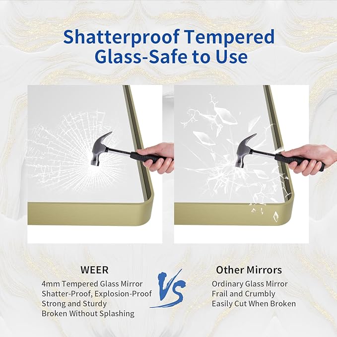 WEER Gold Bathroom Mirror, 55X30 Inch Brushed Gold Metal Frame Mirror, Rounded Rectangle Gold Bathroom Vanity Mirror for Wall, Tempered Glass, Anti-Rust, Hangs Horizontally or Vertically