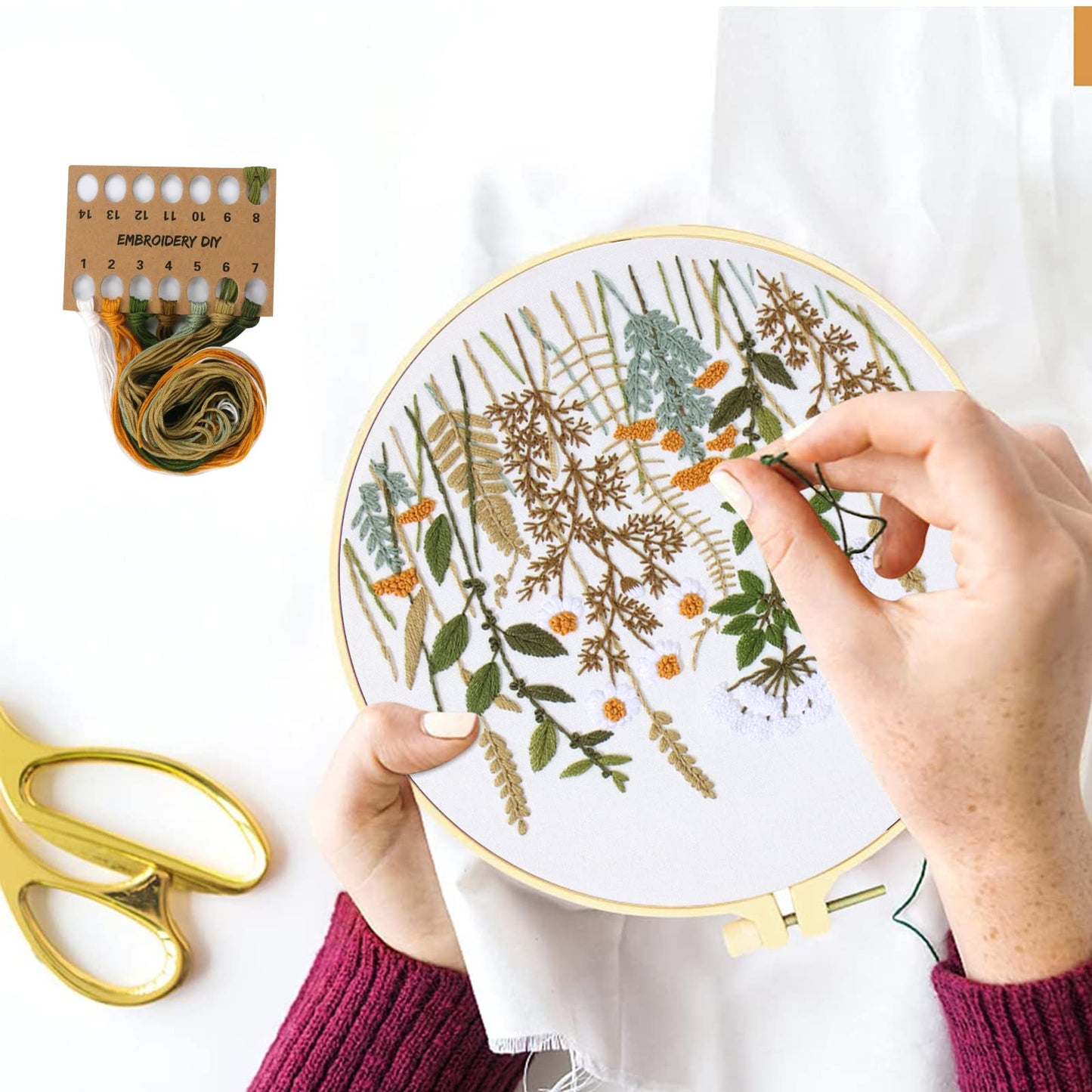Lukinbox 3 Sets Embroidery Kit for Beginners, Fabric Cross Stitch Kits for Adults, DIY Embroidery Starter Kits with Floral Flower Patterns, Embroidery Hoops, Clothes, Threads and Needles
