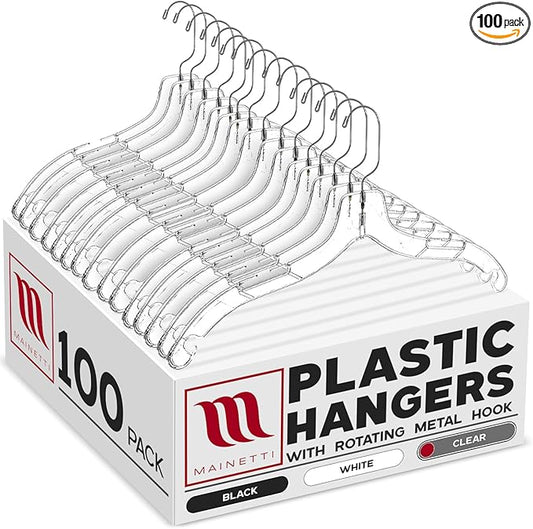 Mainetti Clear Plastic Clothes Hangers 100 Pack | 17-Inch Space Saving Hangers with 360 Swivel Metal Hook & Notches for Straps | Closet Hangers Ideal for Shirts, Tops, Dresses and Jackets (5400SCR)