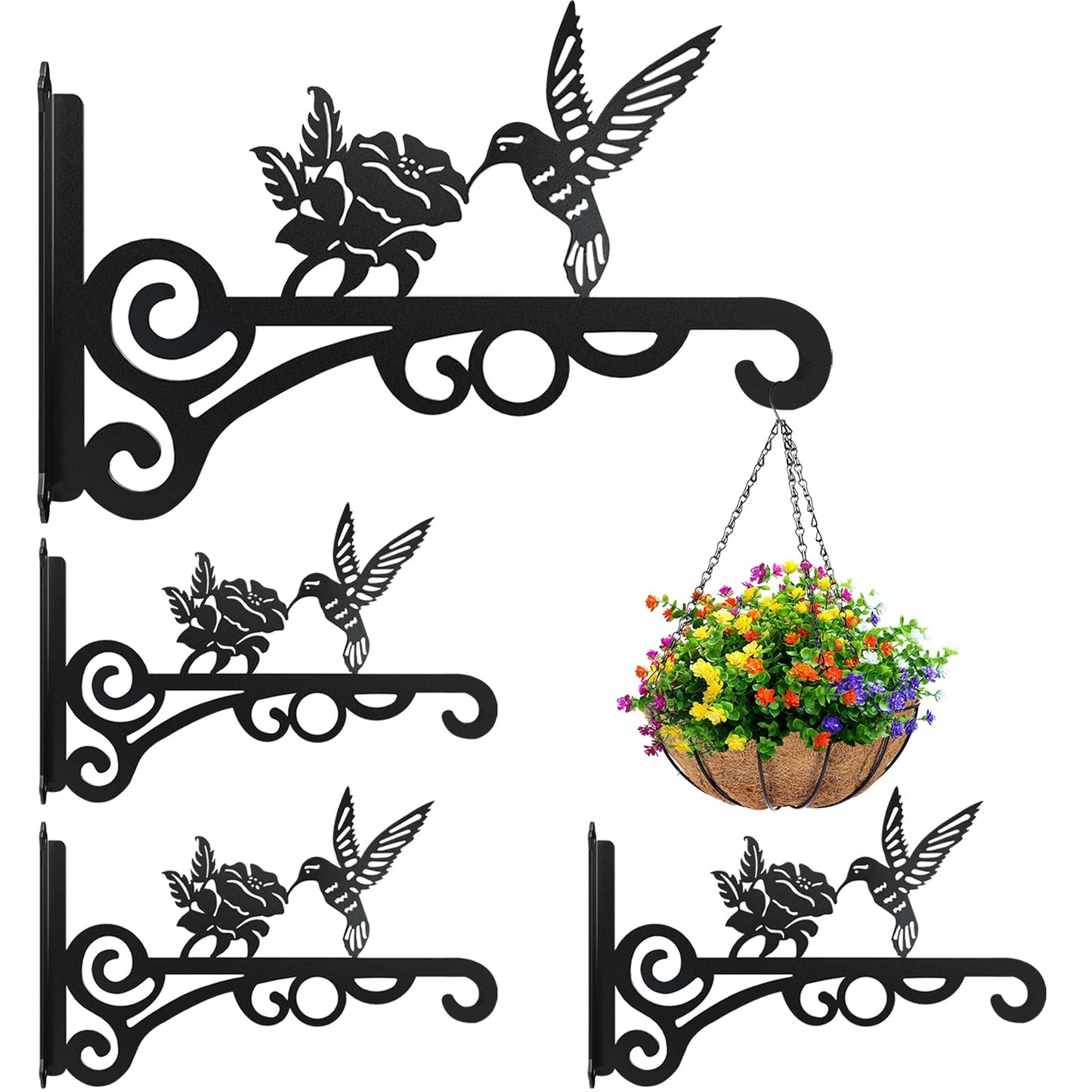 4-Pack 10 Inch Aesthetic Plant Hanger Indoor and Outdoor â Metal Hanging Plant Bracket with Hummingbird Pattern â Heavy Duty Plant Hooks for Hanging Flower Baskets, Bird Feeder, Wind Chime, Lantern