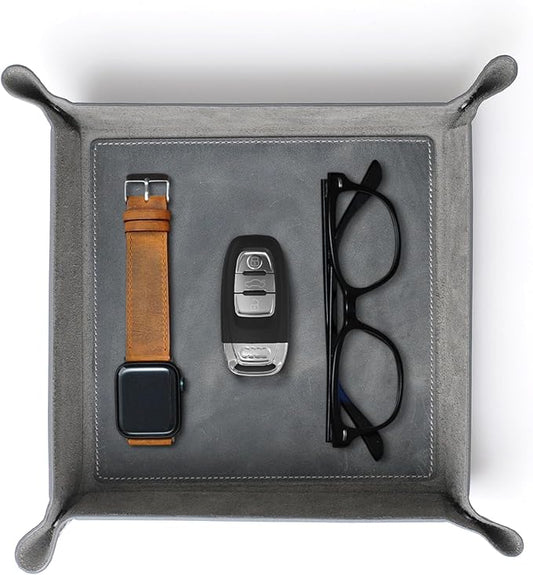 Handmade Leather Catch All Tray, Customizable Handcrafted Genuine Leather Valet Tray and Organizer for Keys, Phones, Jewels, Coins, Square - Medium, Grey