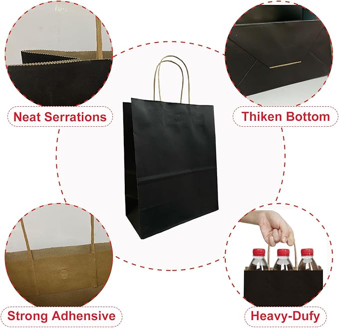BAG BOX 100 Pack Medium 5.9x3.1x8.25Inch Black Kraft Paper Gift Bags with Handles for Bulk Shopping, Retail, Craft, Party Favors, Wedding, Grocery & Sacks