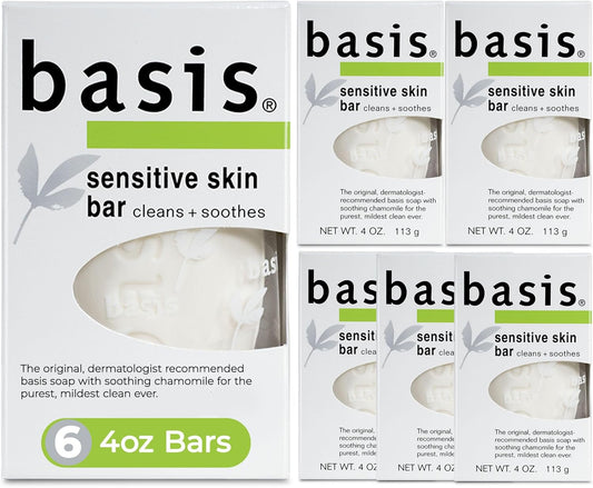 Basis Sensitive Skin Bar Soap for Body, Hands and Face, Unscented Soap Bar for Sensitive Skin with Chamomile and Aloe Vera, Bar Soap Bulk Pack, 4 Oz Bar, Pack of 6